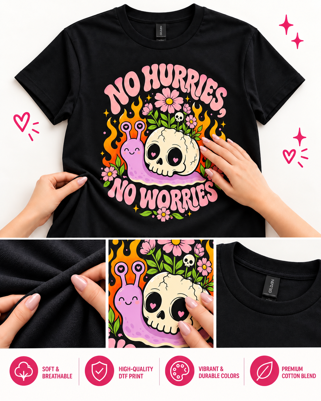 No Hurries, No Worries Graphic T-Shirt – Cute Skull & Snail Unisex Tee