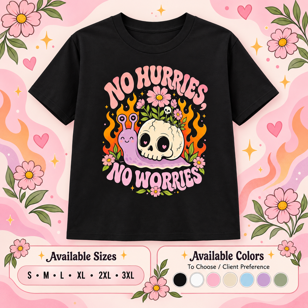 No Hurries, No Worries Graphic T-Shirt β Cute Skull & Snail Unisex Tee