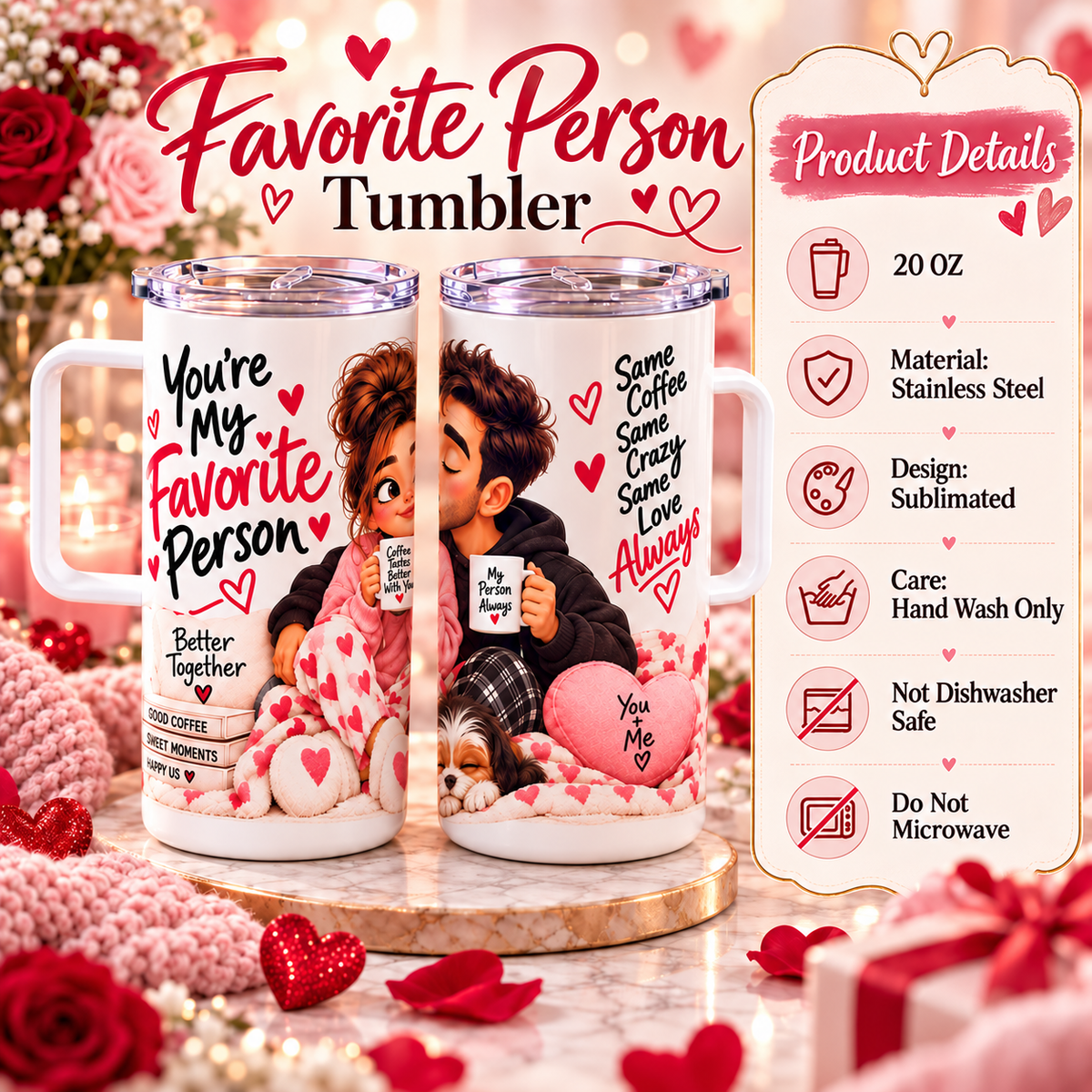 Favorite Person 20 oz Sublimated Tumbler – Romantic Couple Gift with Handle & Lid 💕