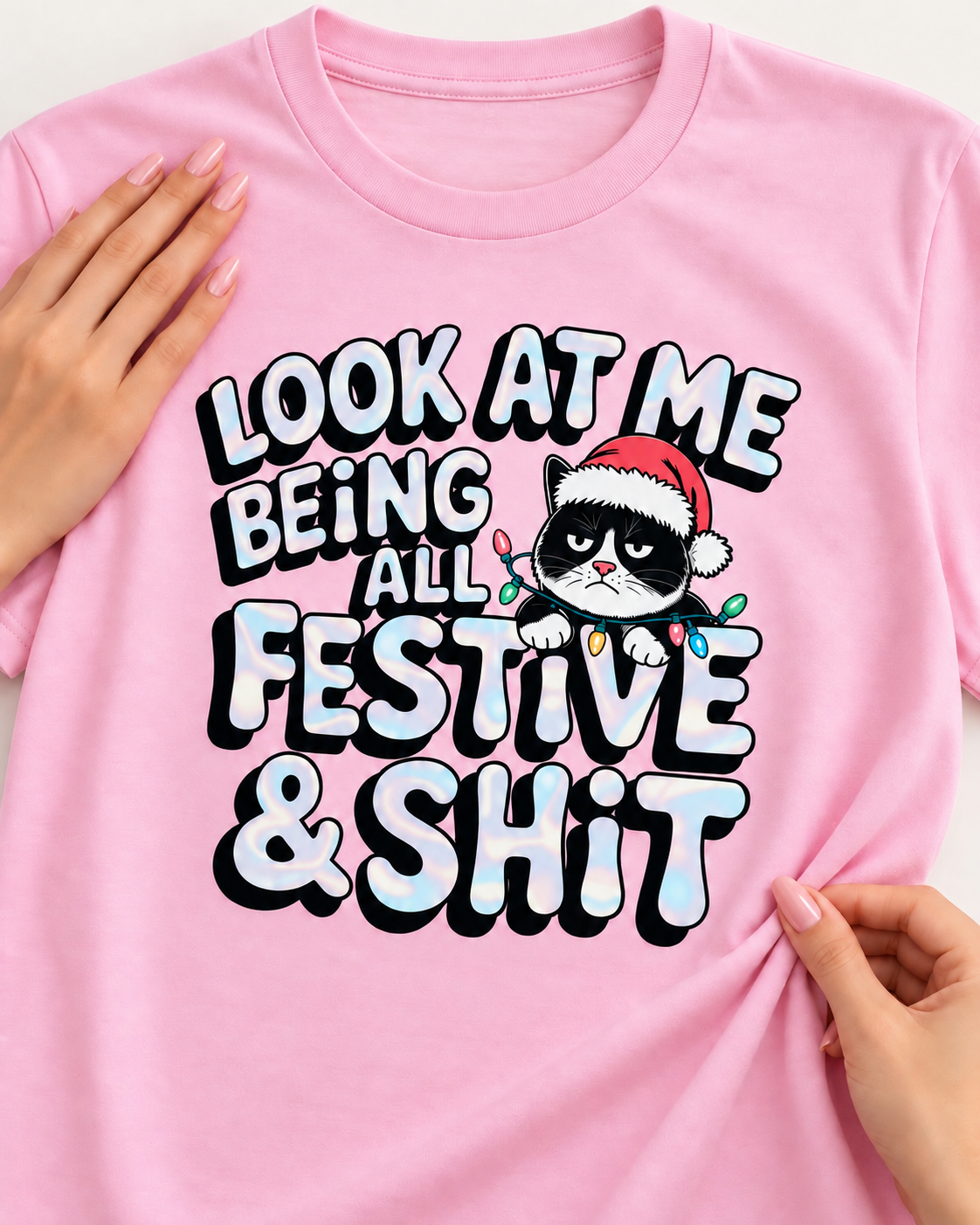 Festive & Sh*t Christmas Cat Unisex DTF T-Shirt – Funny Holiday Graphic Tee