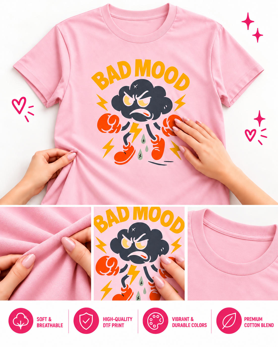 Camiseta gráfica Bad Mood – Camiseta de algodón unisex divertida con impresión DTF