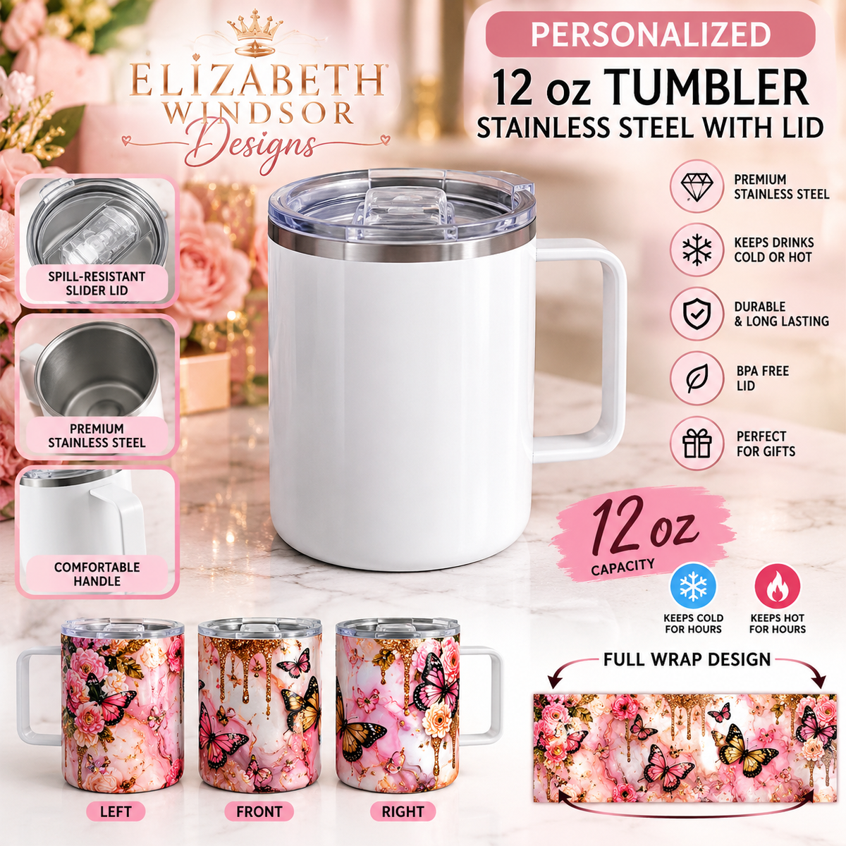 Personalized 12 oz Stainless Steel Tumbler with Handle & Lid – Full Wrap